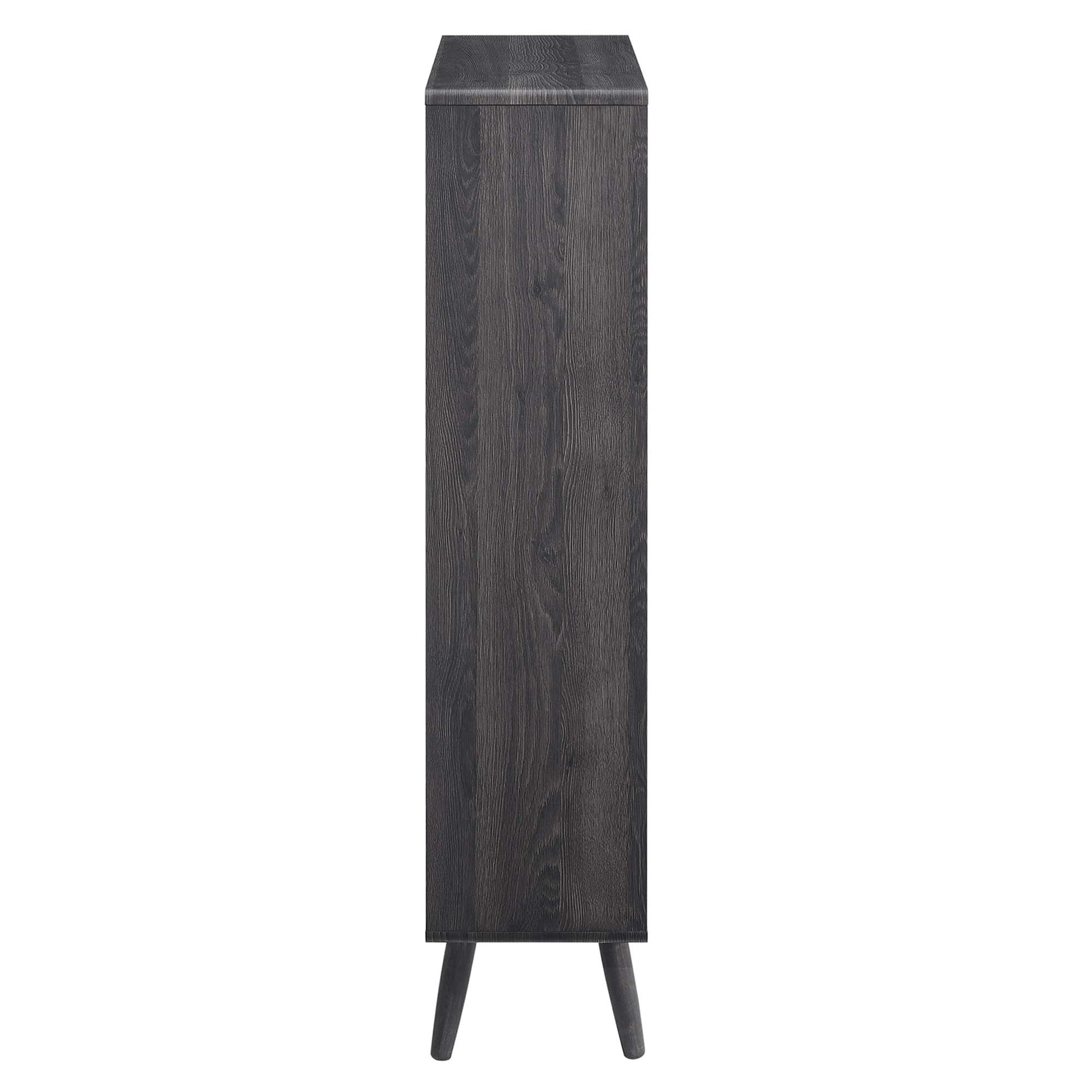 Tall black wood-grain bookcase with five shelves; narrow, mid-century modern design.