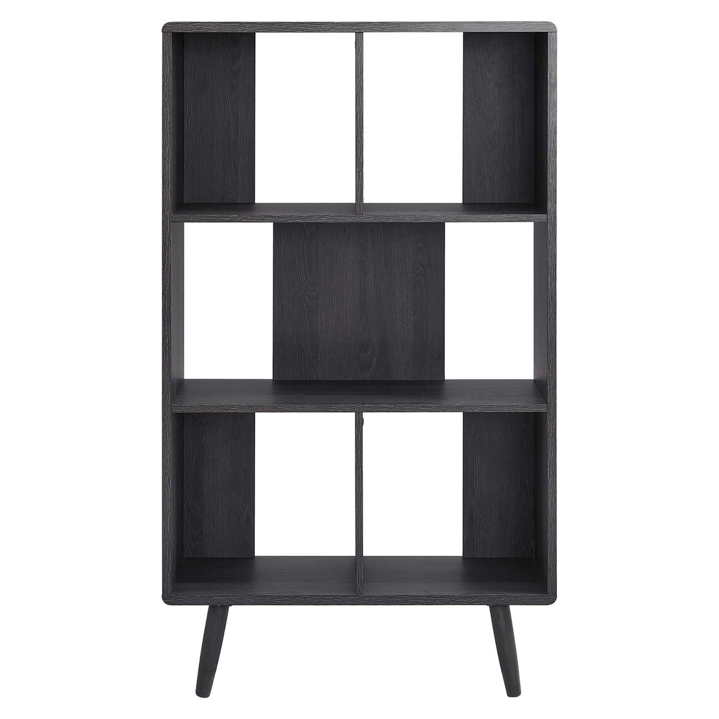 Black five-shelf wood grain bookcase with vertical dividers and mid-century legs.