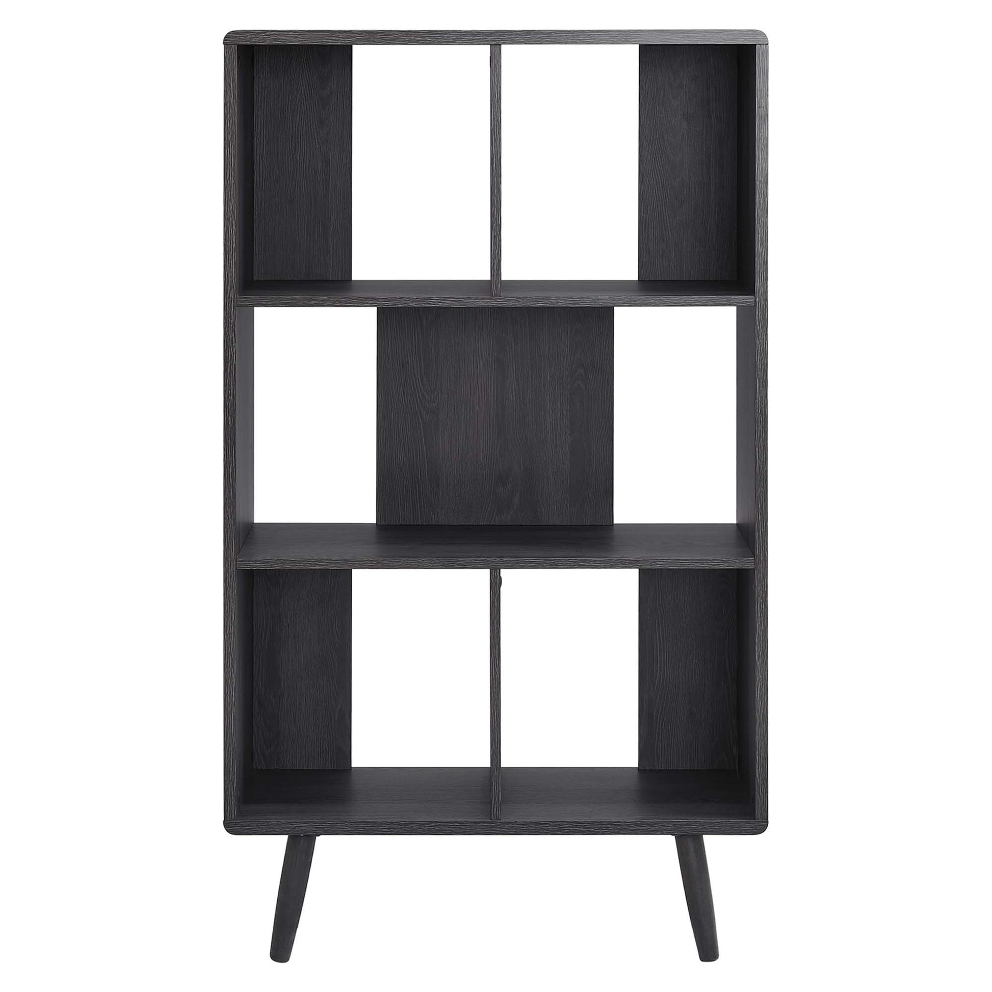 Black five-shelf wood grain bookcase with vertical dividers and mid-century legs.