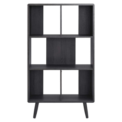 Black five-shelf wood grain bookcase with vertical dividers and mid-century legs.