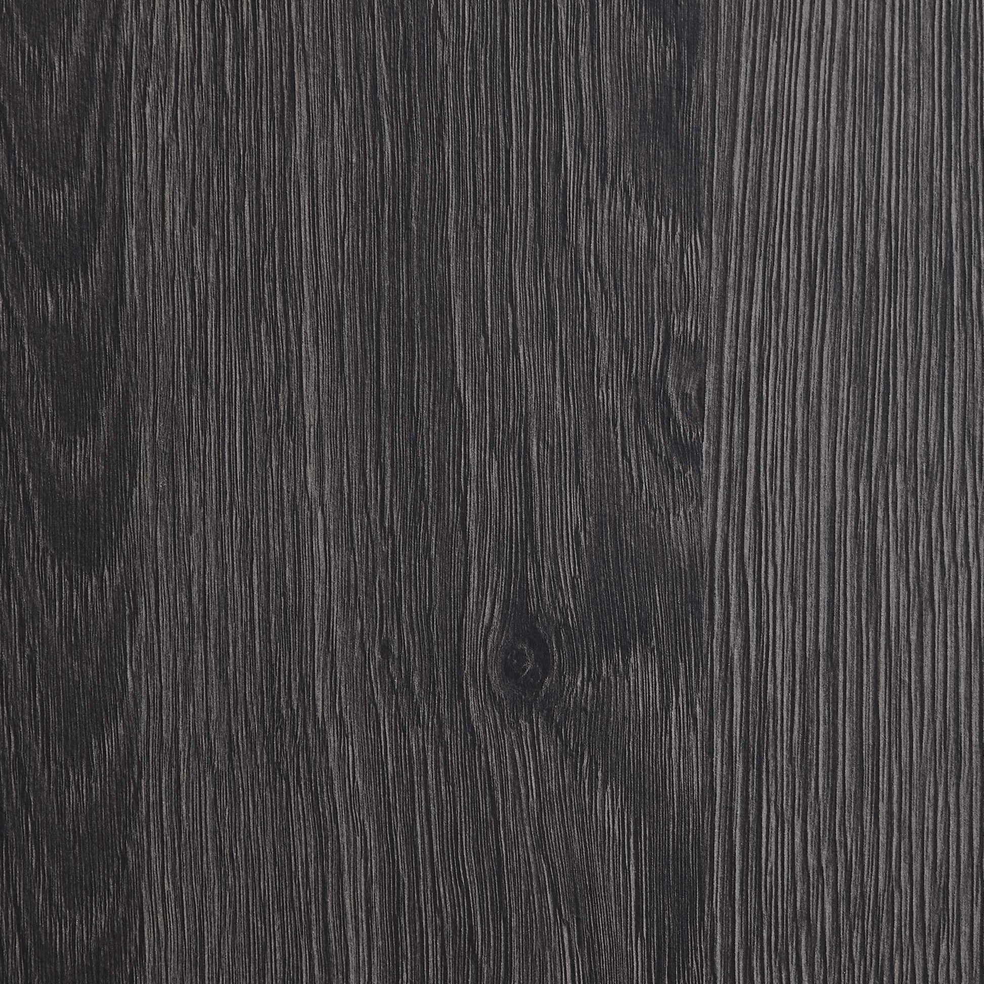 Dark charcoal wood-grain bookcase with five shelves; black finish.