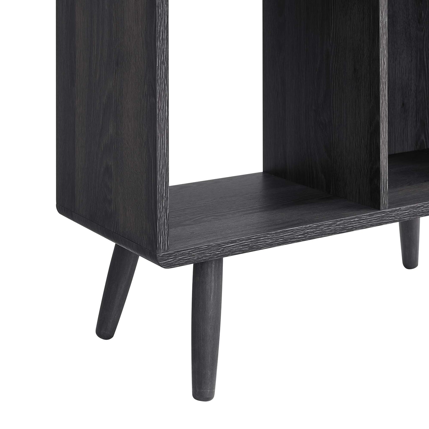 Charcoal stained wood grain 5-shelf bookcase.