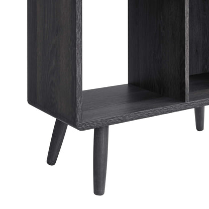 Charcoal stained wood grain 5-shelf bookcase.