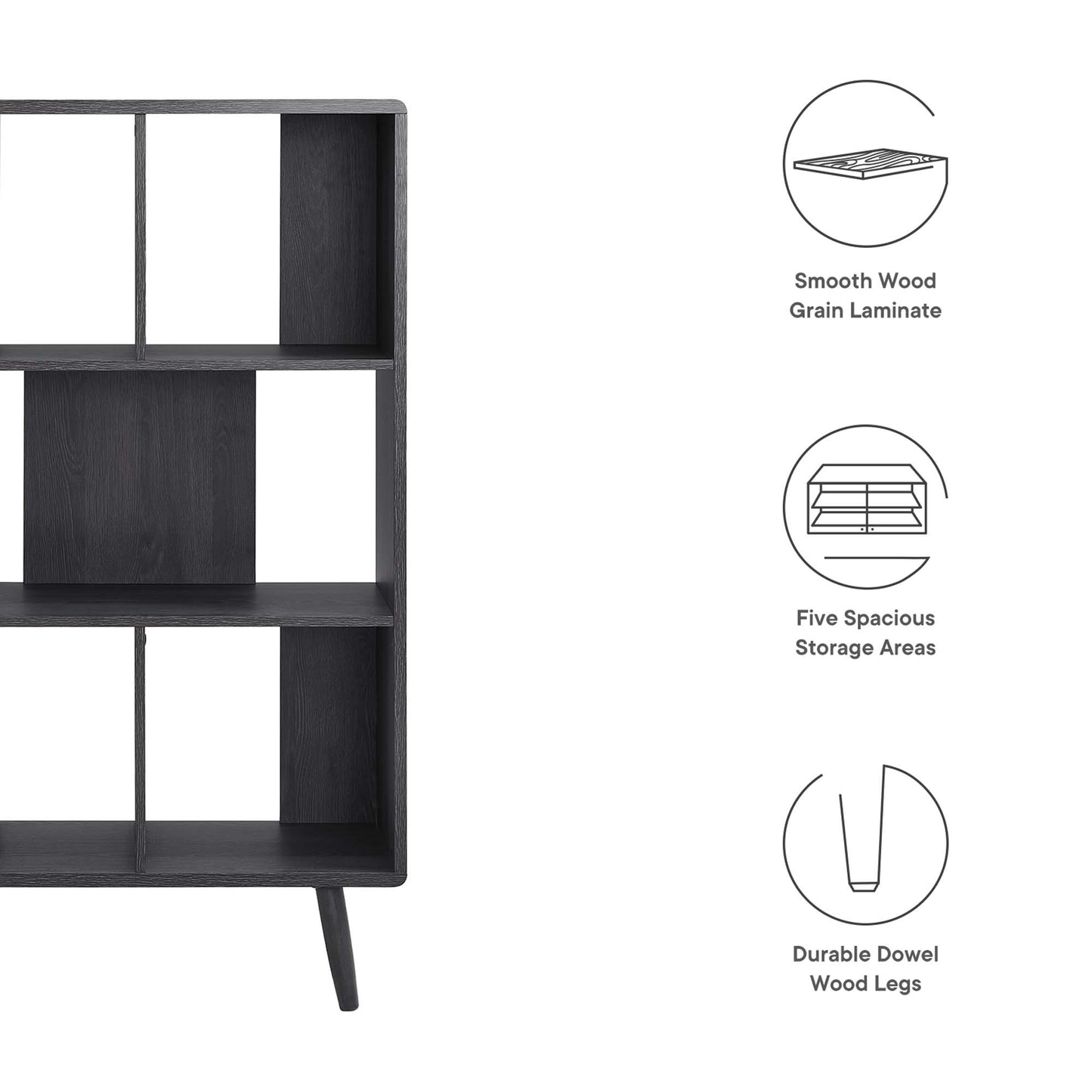Charcoal wood grain bookshelf with five open cubbies and durable dowel wood legs.