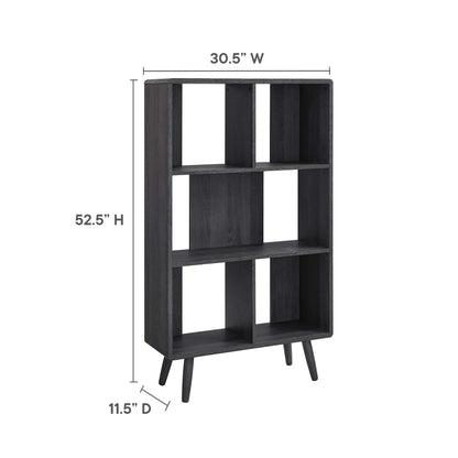 Charcoal wood tall bookshelf with angled legs and open cubbies; a mid-century modern display/storage unit.