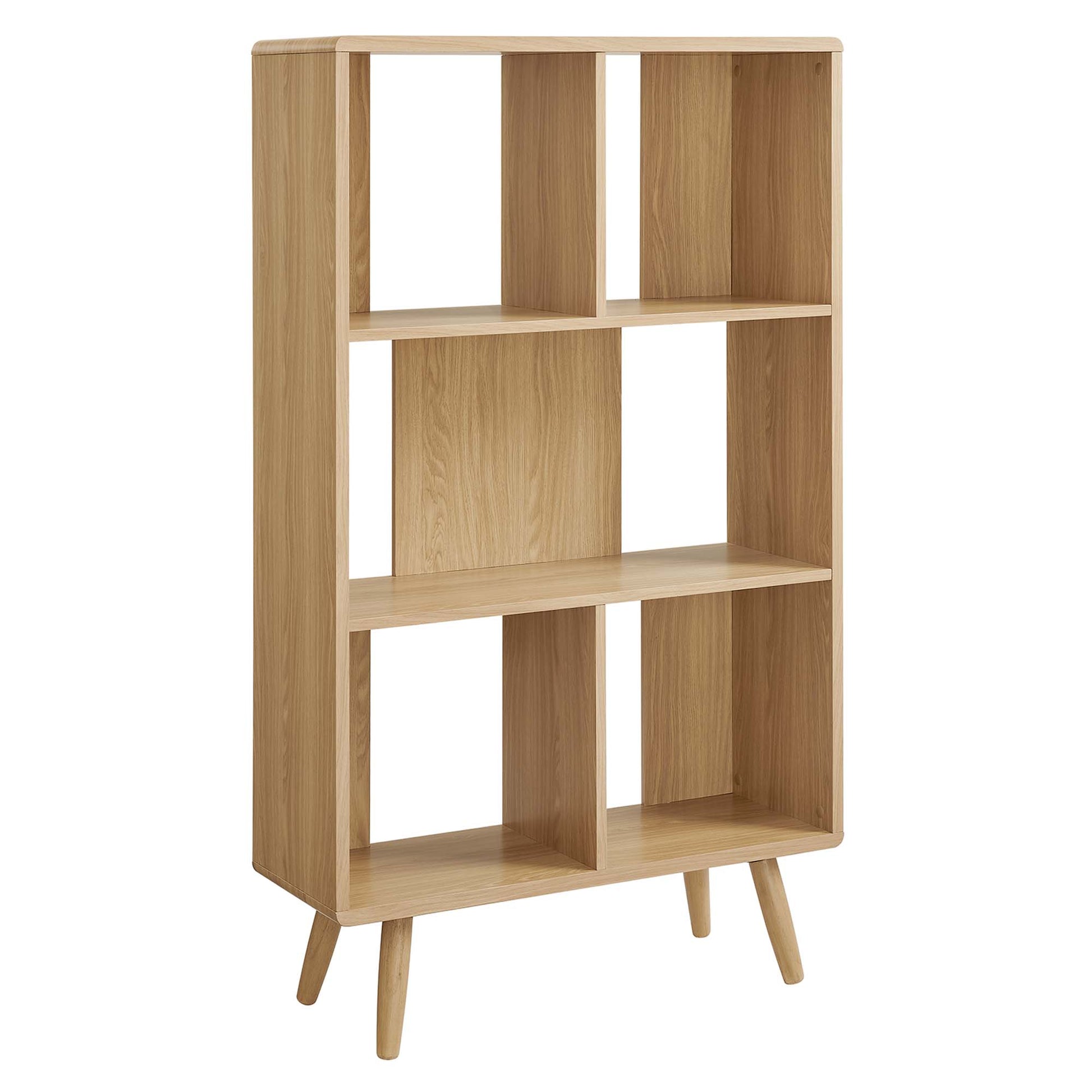 Oak wood bookcase with open cubby compartments and tapered mid-century legs.