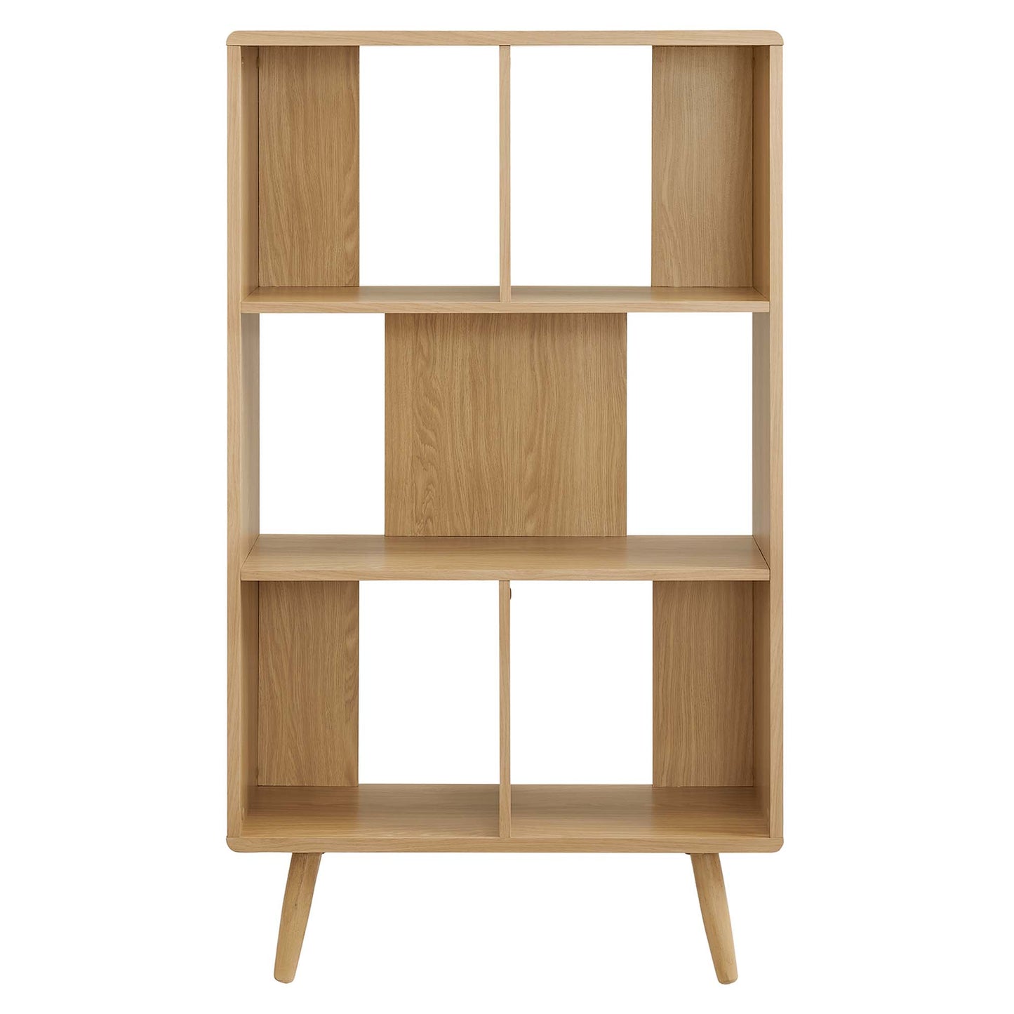 Brown wood grain mid-century bookcase with angled legs and open cubby compartments.