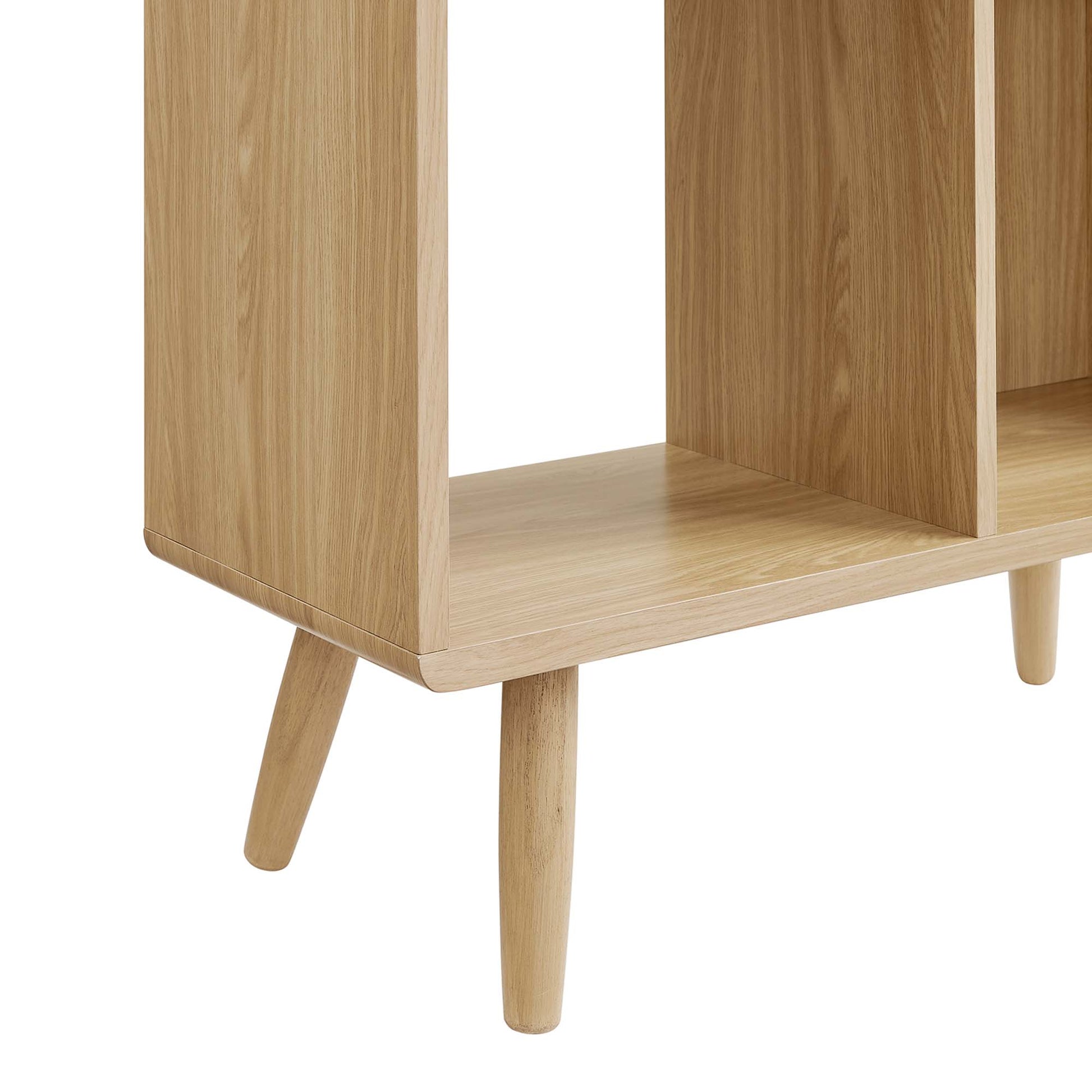 Brown wood-grain 5-shelf bookcase with open shelves and tapered legs.