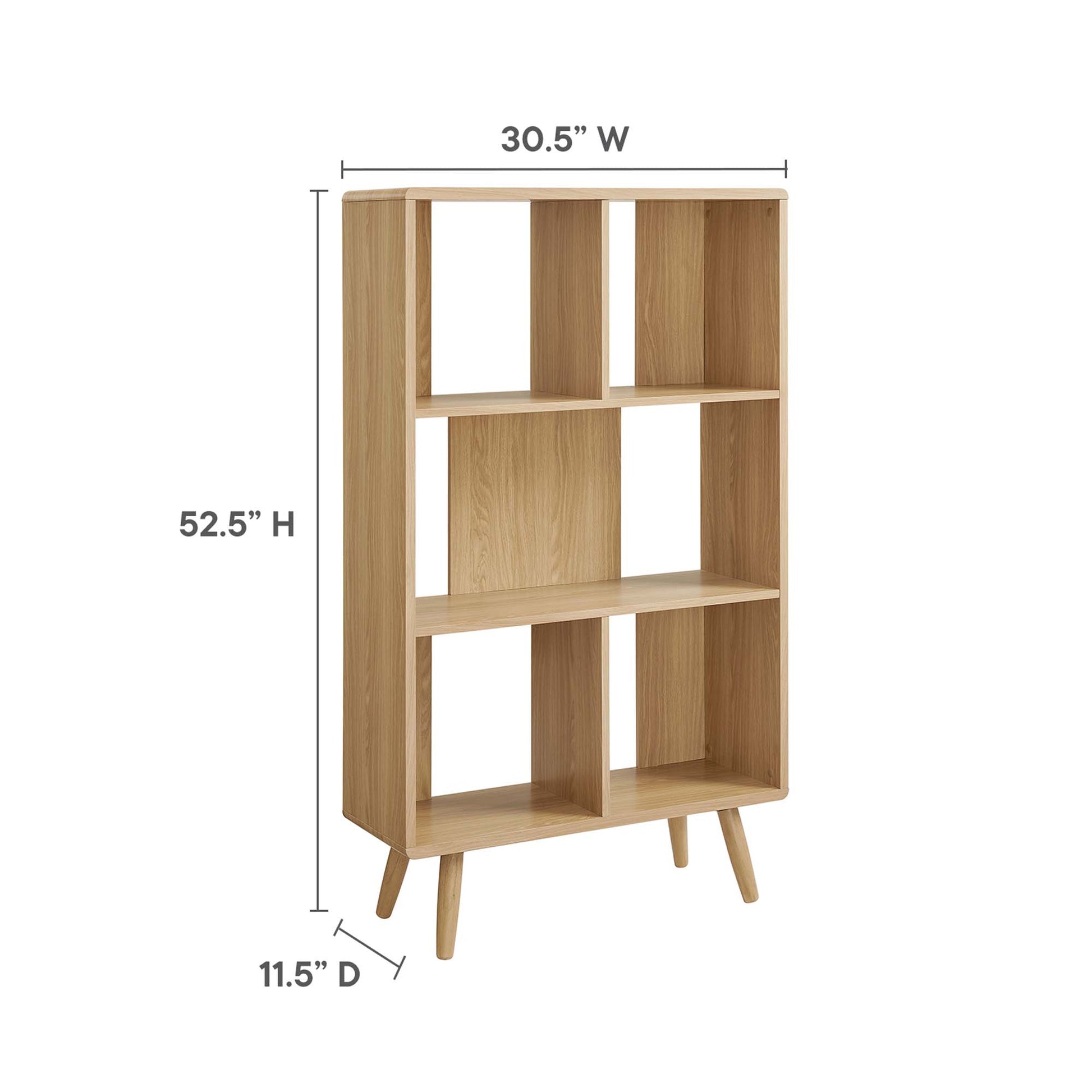 Natural oak wood bookcase with grid of open cubbies and angled mid-century legs.
