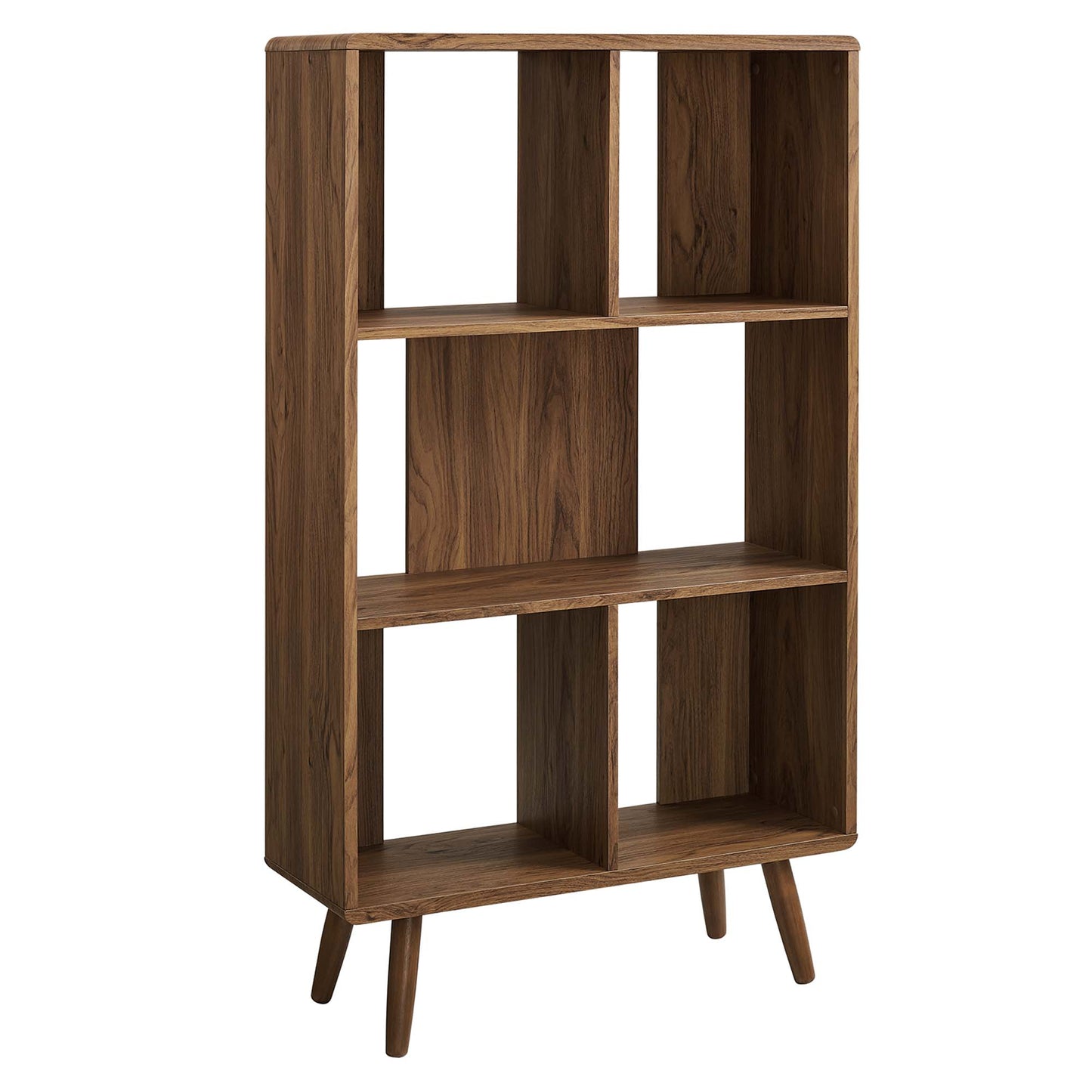 Walnut-finish wood grain bookcase with five shelves and tapered mid-century legs.