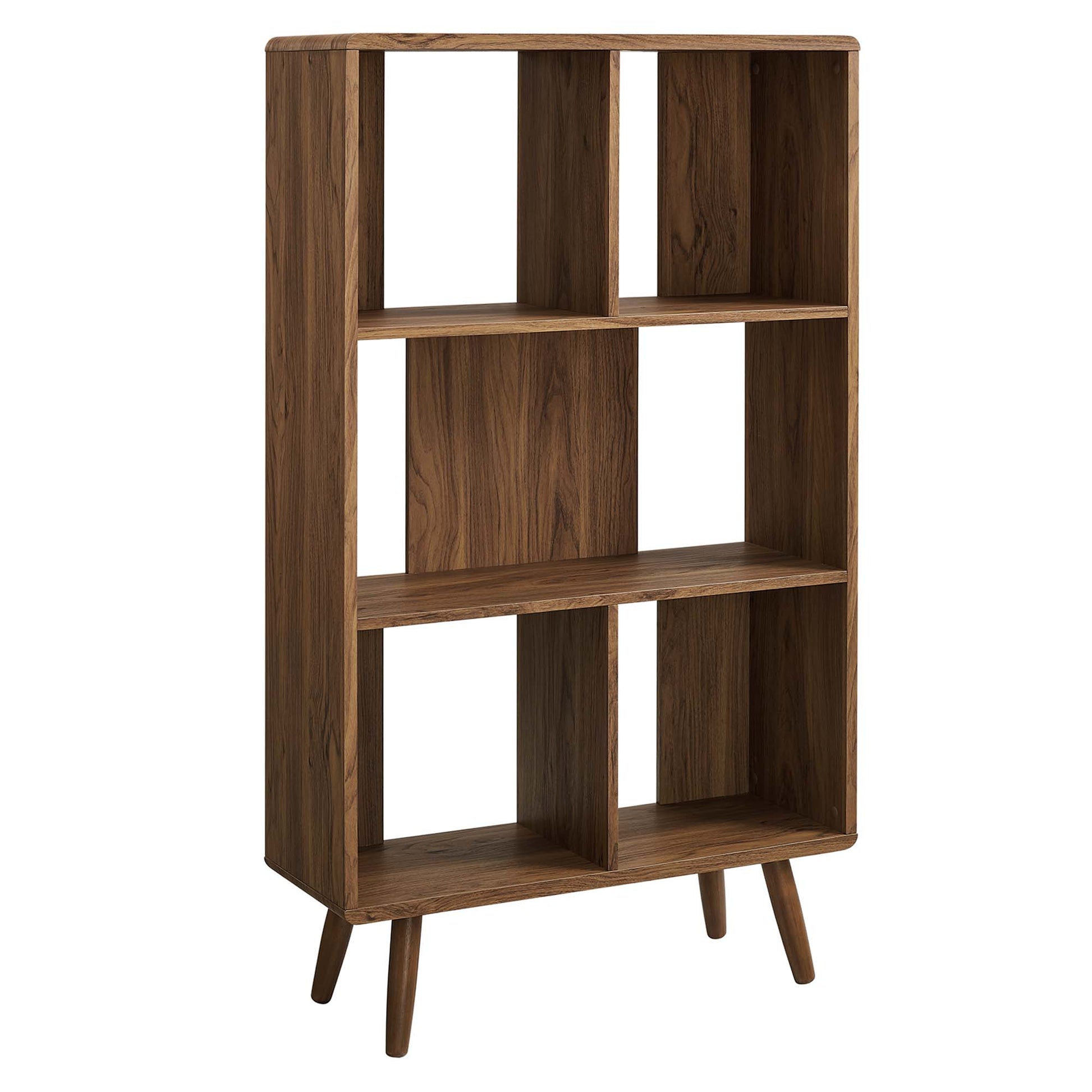 Walnut-finish wood grain bookcase with five shelves and tapered mid-century legs.