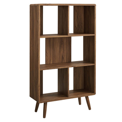 Walnut-finish wood grain bookcase with five shelves and tapered mid-century legs.