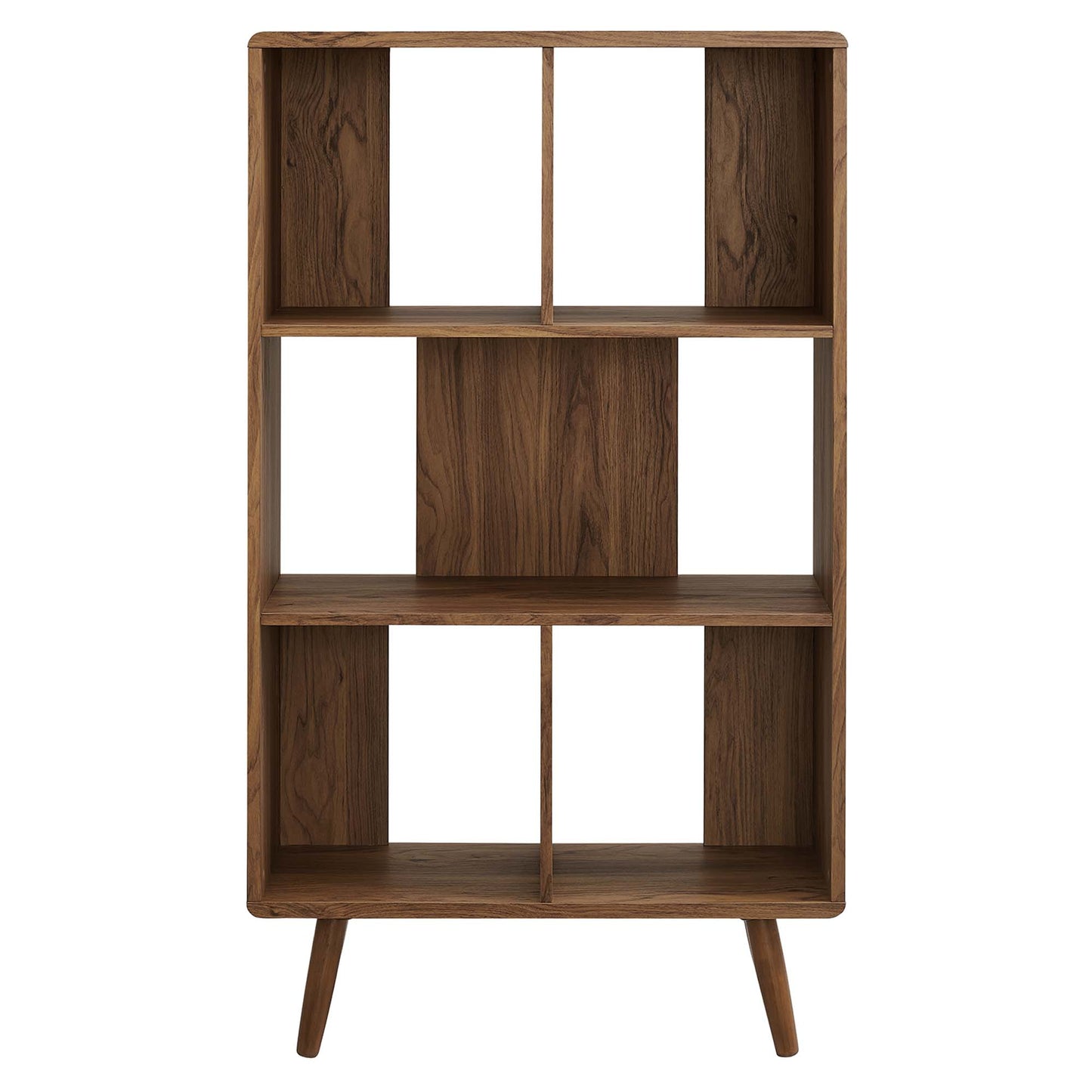 Walnut finish wood grain bookcase with five shelves, vertical dividers, and mid-century legs.
