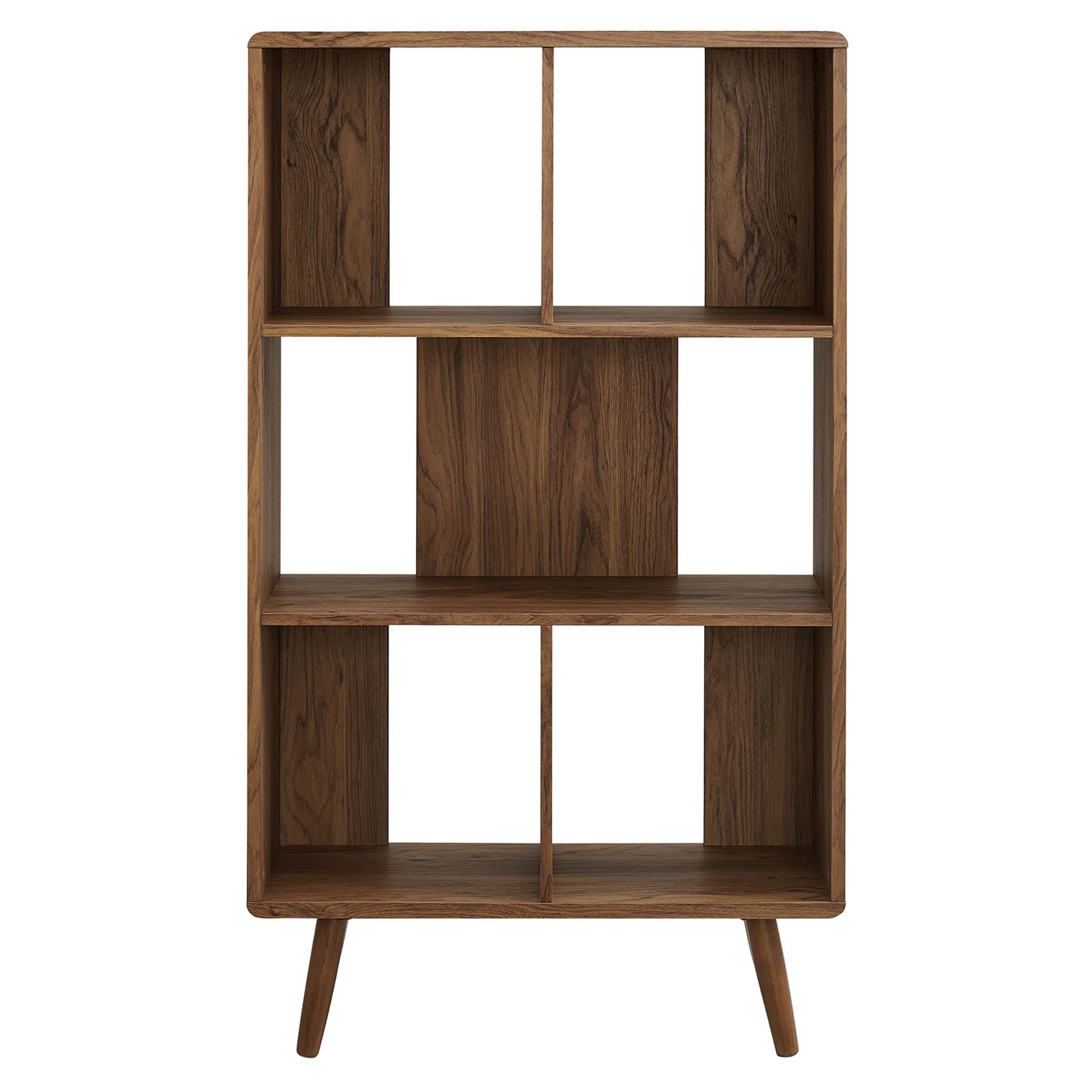 Walnut finish wood grain bookcase with five shelves, vertical dividers, and mid-century legs.