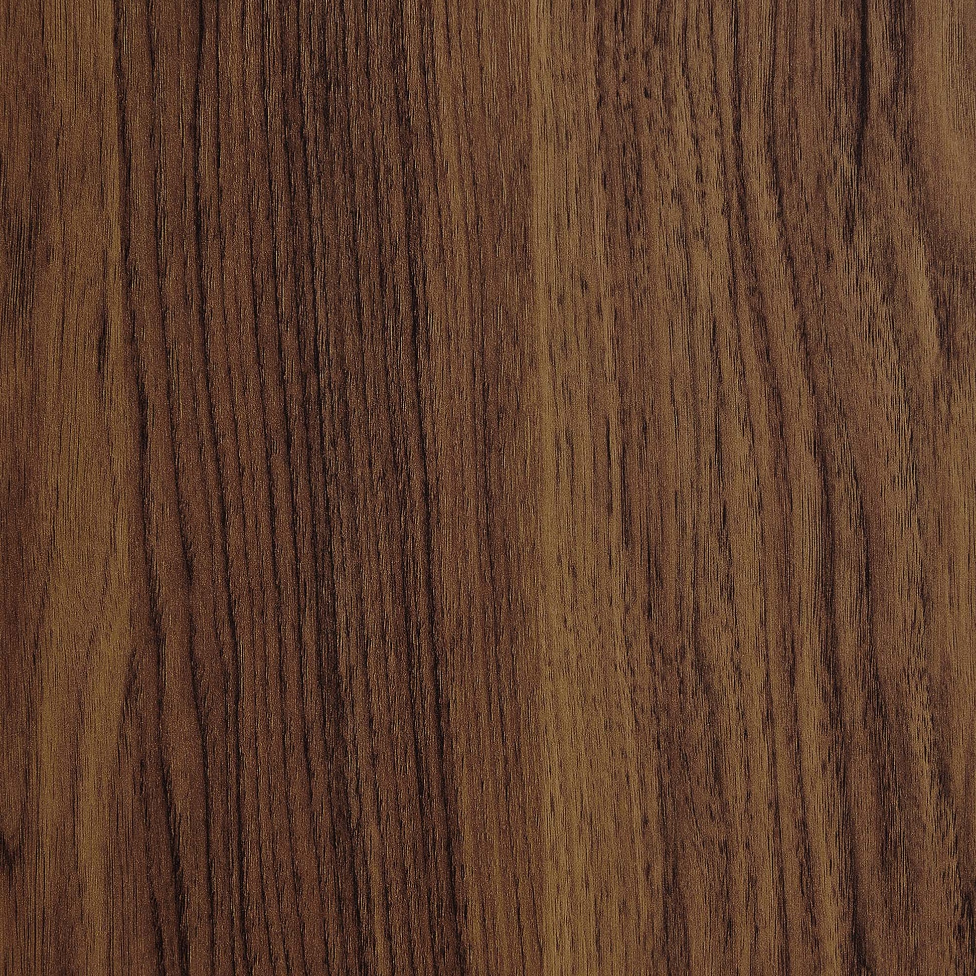 Walnut wood grain finish on a five-shelf bookcase with warm brown tones and dark streaks.