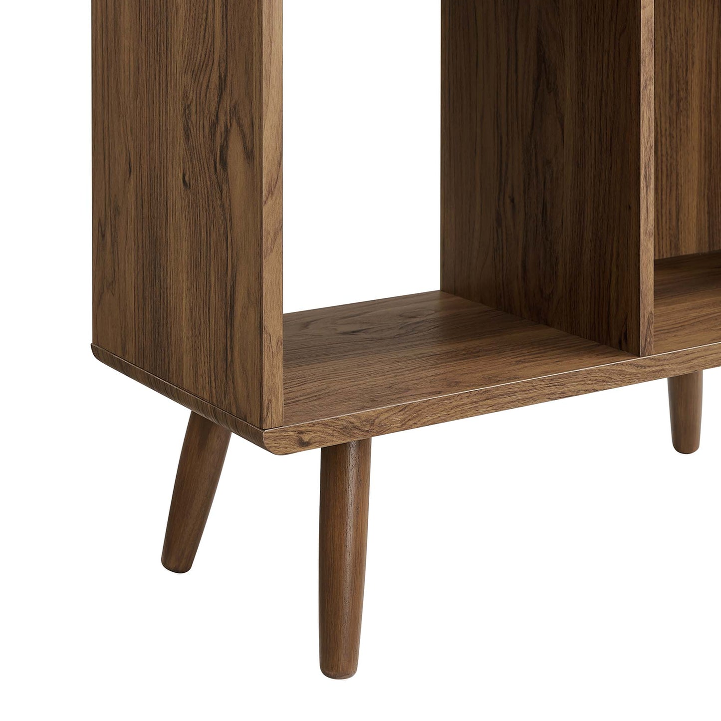 Walnut mid-century modern 5-shelf bookcase with wood grain finish and tapered legs.