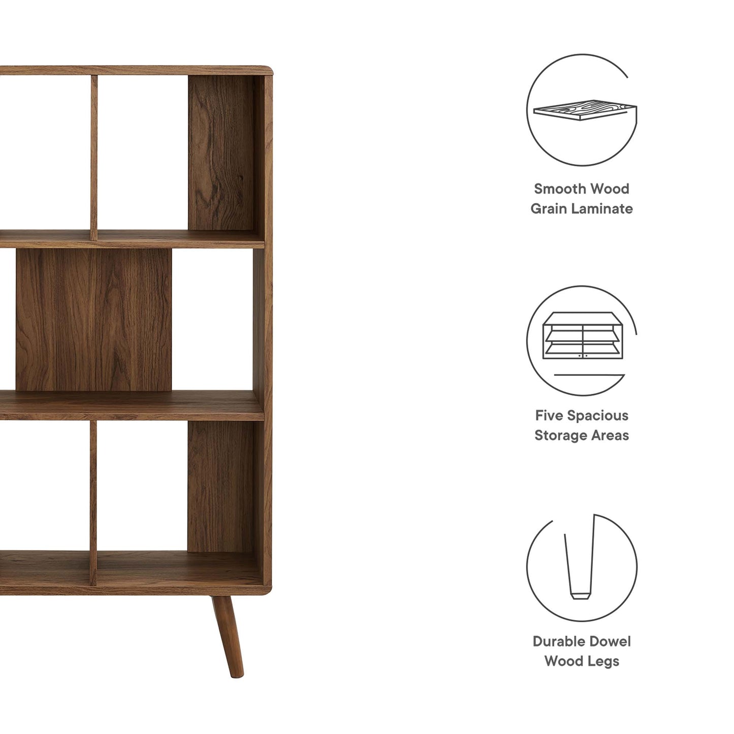 Walnut finish wooden bookcase with 5 shelves, open cubbies and tapered dowel legs; mid-century modern storage.