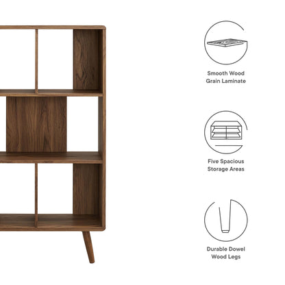 Walnut finish wooden bookcase with 5 shelves, open cubbies and tapered dowel legs; mid-century modern storage.