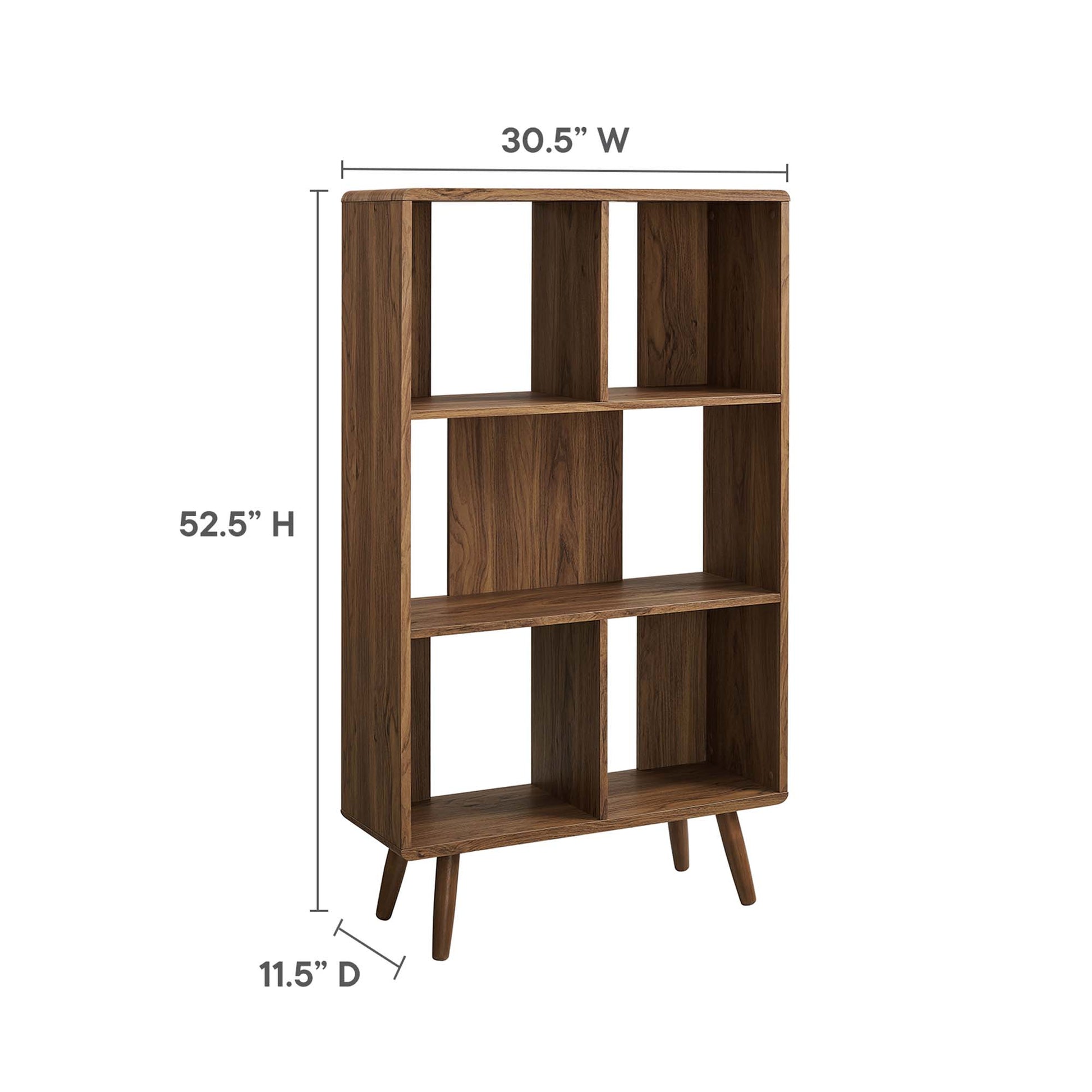Walnut-finish mid-century bookcase with six open cubbies, two-column layout, tapered legs, 52.5"H x 30.5"W x 11.5"D