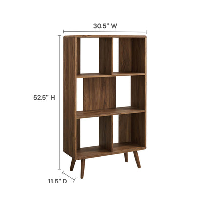 Walnut-finish mid-century bookcase with six open cubbies, two-column layout, tapered legs, 52.5"H x 30.5"W x 11.5"D