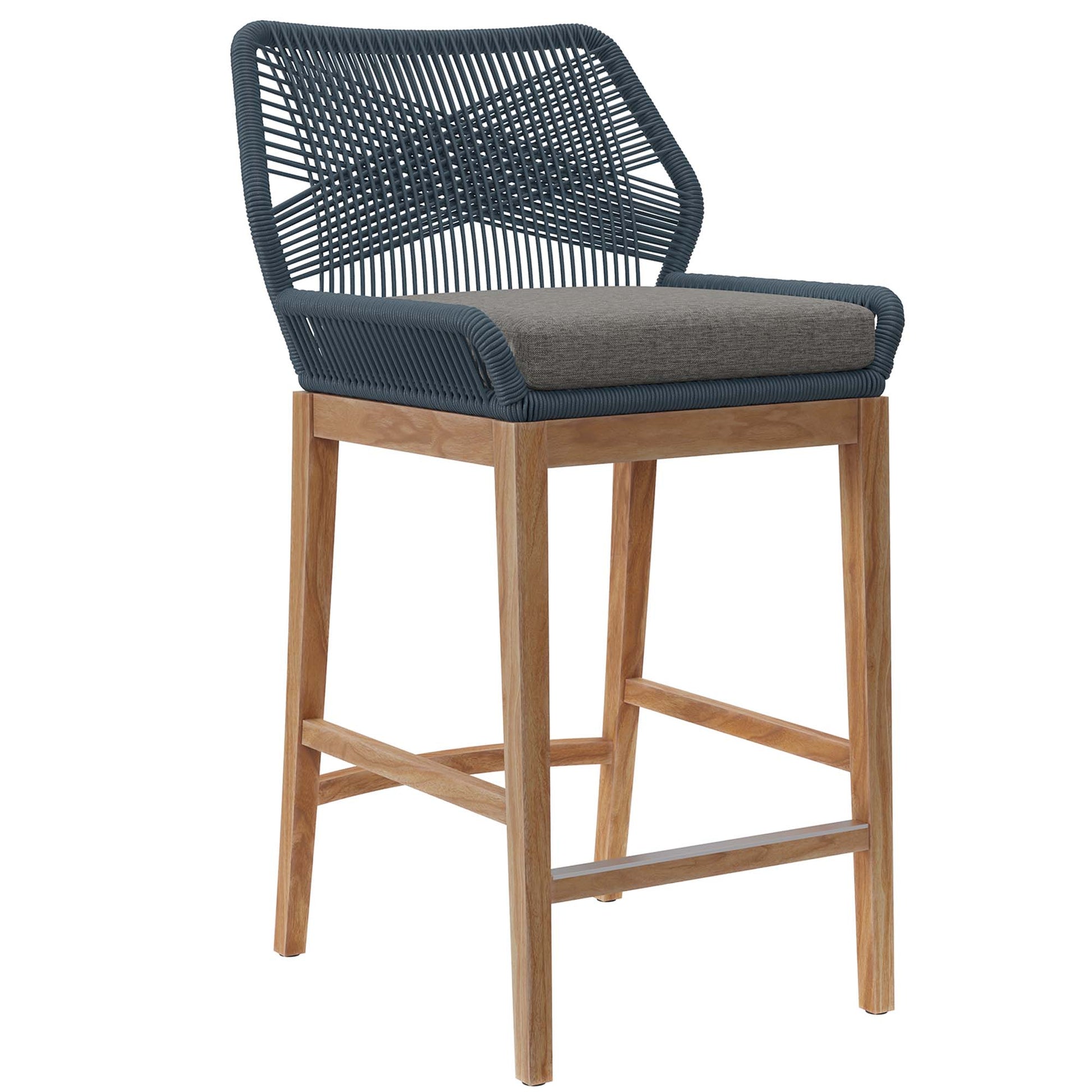 Gray woven back bar stool with light wood legs and a gray cushion.