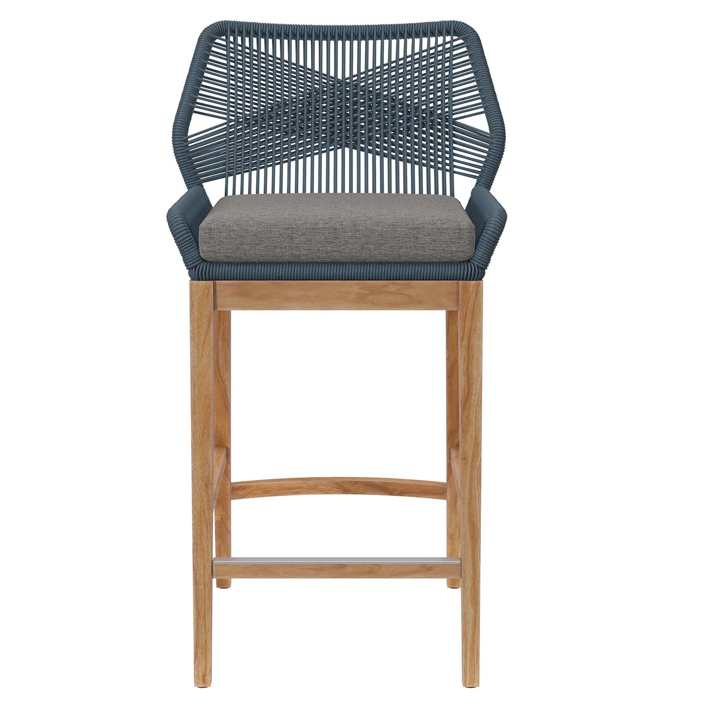 Gray woven rope back bar stool with teak wood legs and gray seat cushion.