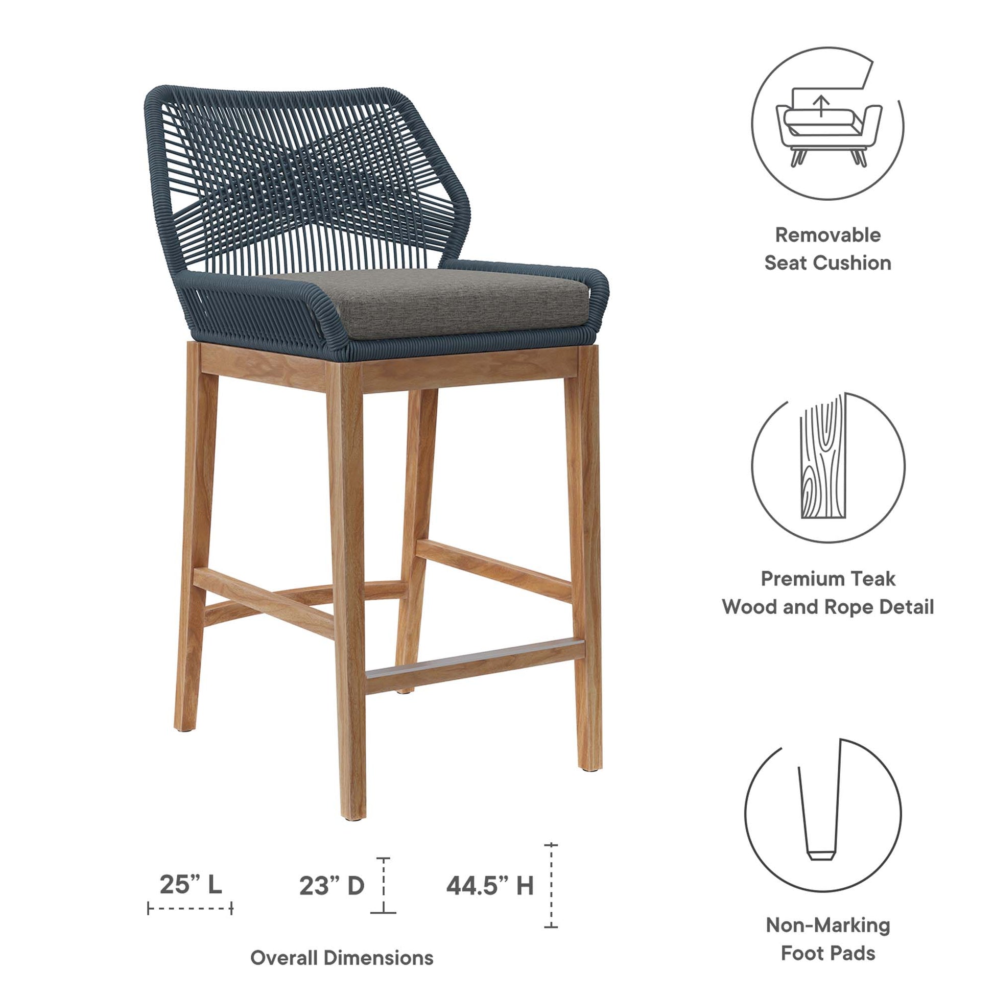 Gray teak wood bar stool with removable grey cushion, non-marking foot pads, coastal style.
