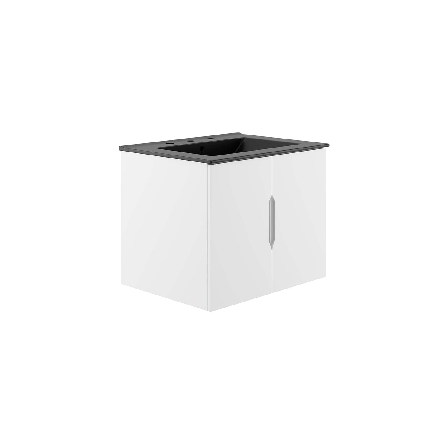 White bathroom vanity base with black countertop and sink opening, two-door cabinet with vertical silver handle.