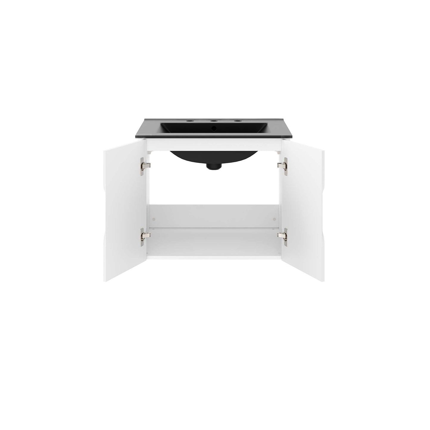 White bathroom vanity cabinet with two open doors, black countertop and round black vessel sink.