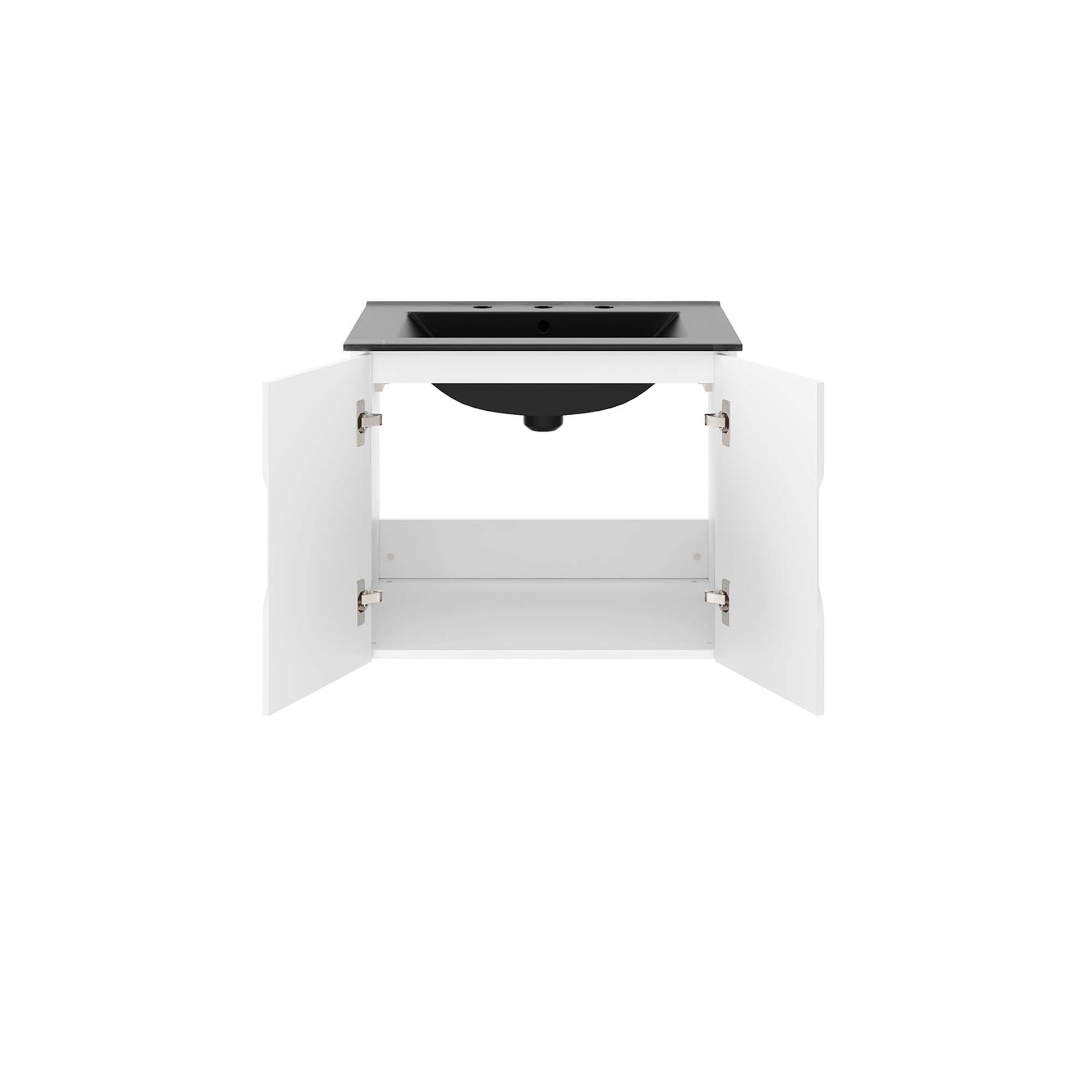 White bathroom vanity cabinet with two open doors, black countertop and round black vessel sink.