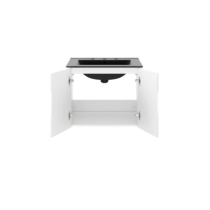 White bathroom vanity cabinet with two open doors, black countertop and round black vessel sink.