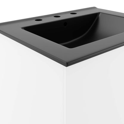 Black bathroom vanity with gray countertop and black rectangular sink; three faucet holes at back, modern minimalist style.