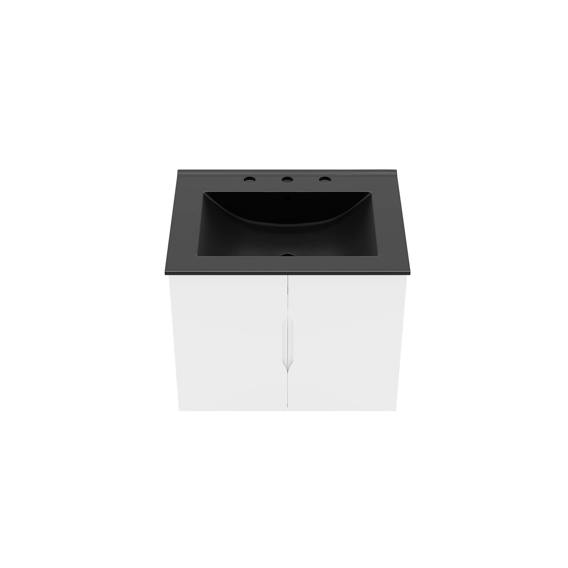 White modern bathroom vanity with black countertop and black rectangular inset sink.
