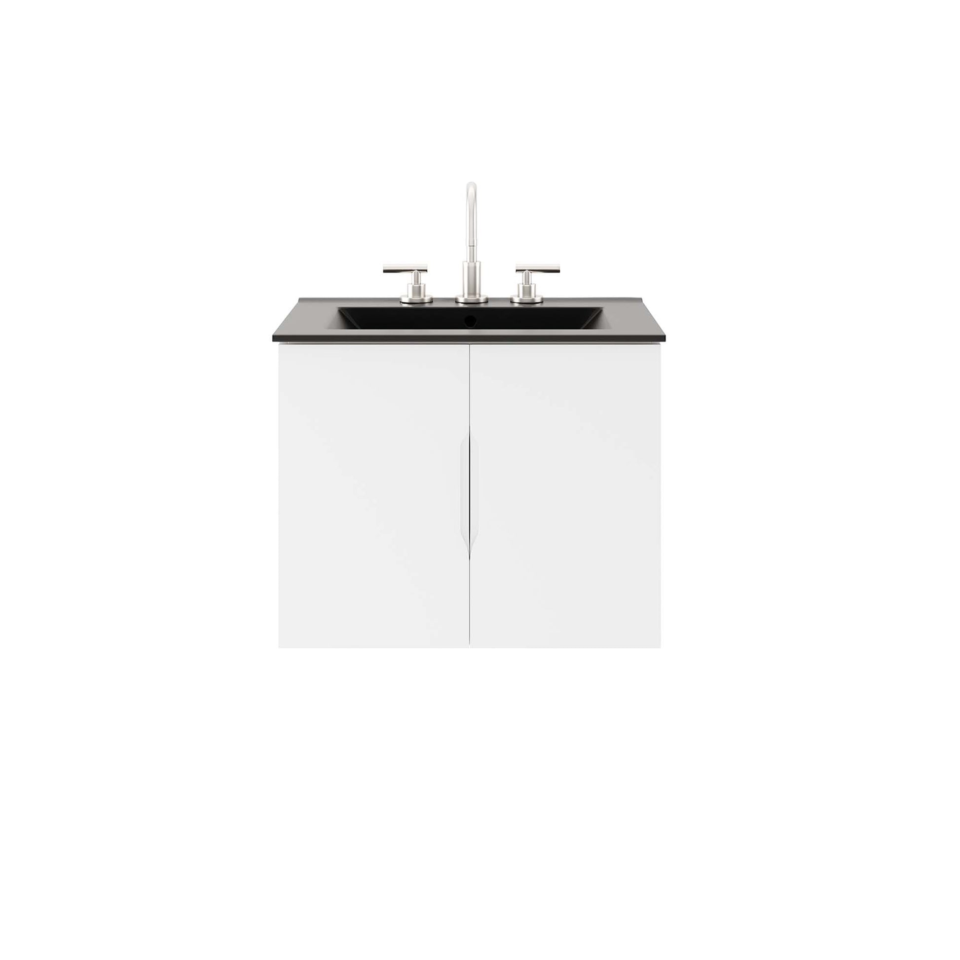 White 2-door bathroom vanity with black countertop, inset sink, and chrome dual-handle faucet
