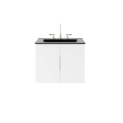 White 2-door bathroom vanity with black countertop, inset sink, and chrome dual-handle faucet