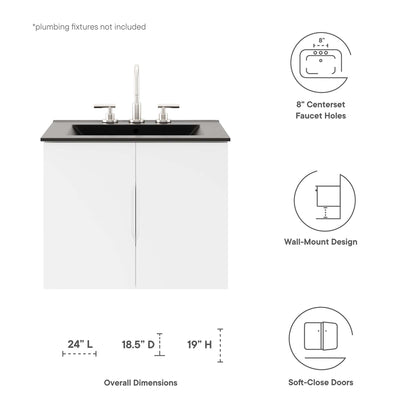 Black vanity base with white countertop and stainless faucet; 24" L x 18.5" D x 19" H; soft-close doors; 8" centerset.