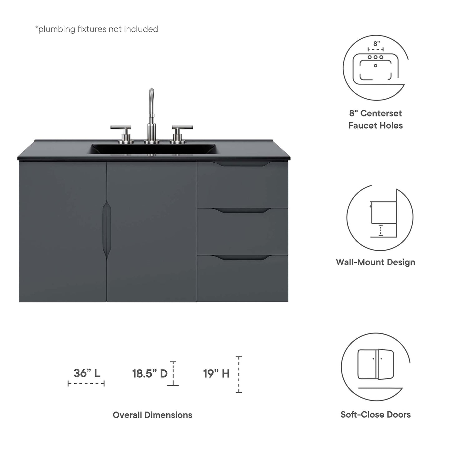 Modway - Vitality 36" Bathroom Vanity by Modway  Bathroom Vanities Black - EEI-5783-GRY-BLK