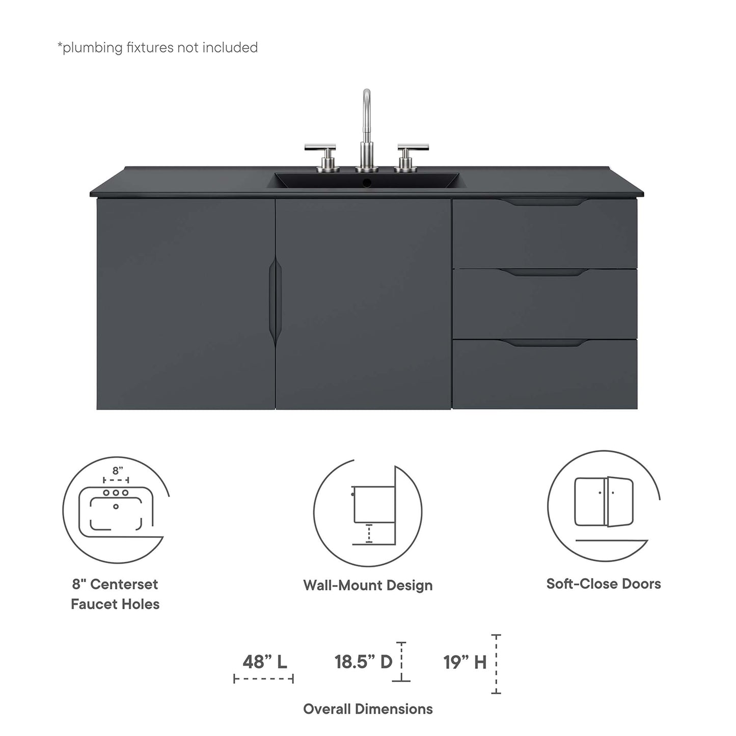 Modway - Vitality 48" Single Sink Bathroom Vanity by Modway  Bathroom Vanities Black - EEI-5784-GRY-BLK