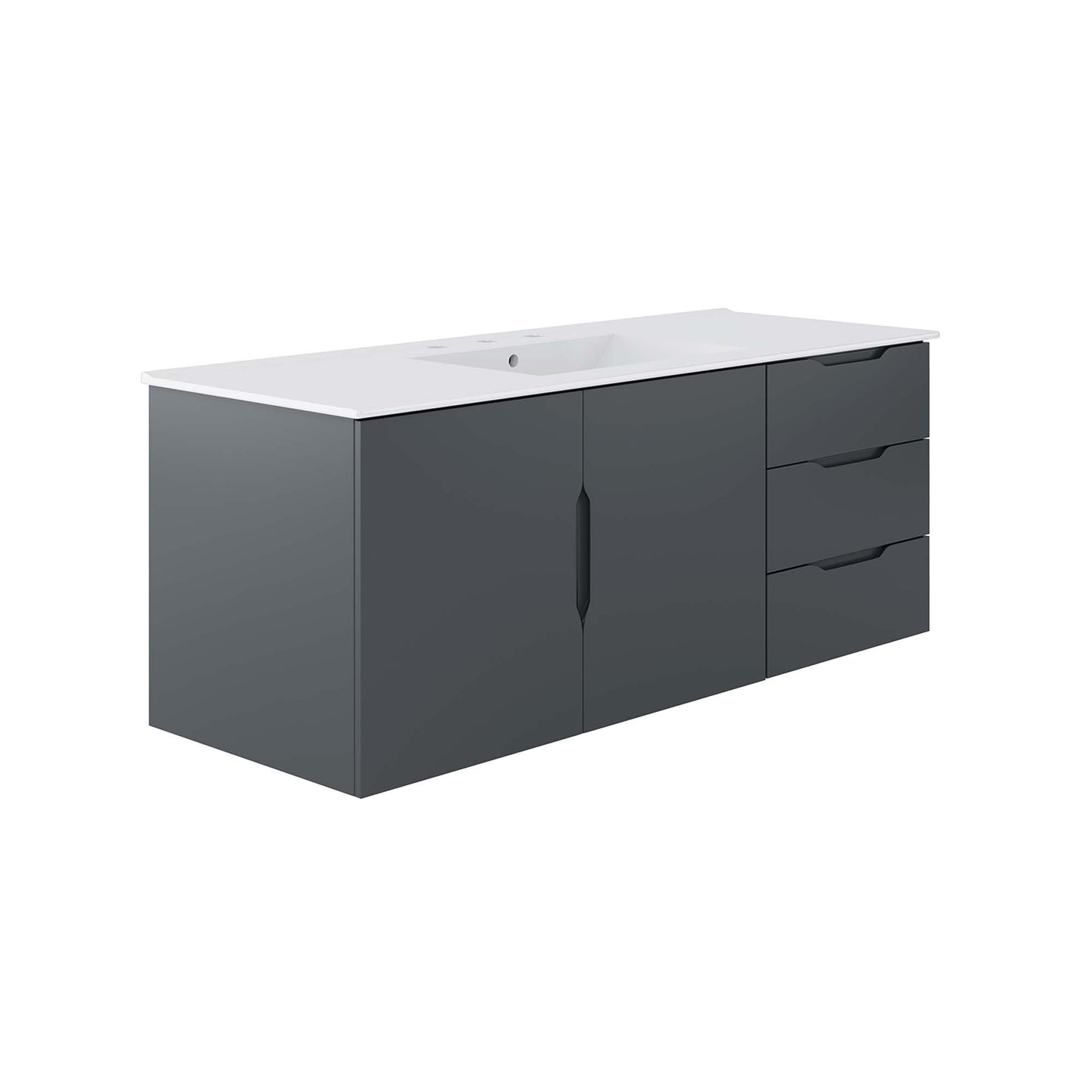Gray bathroom vanity with white countertop and sink, two center doors and three right-hand drawers.