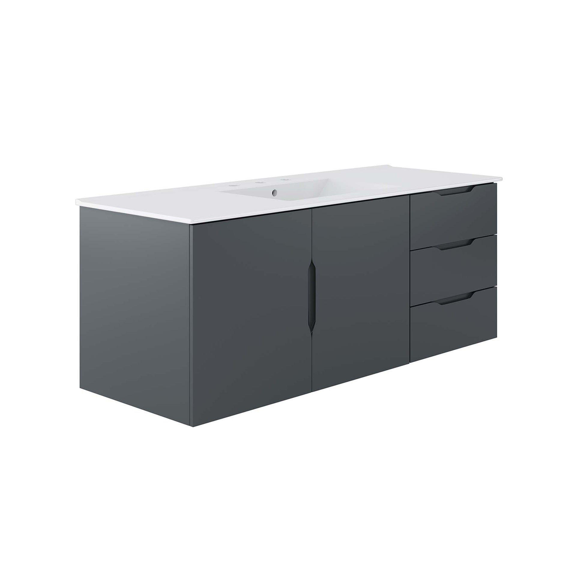 Gray bathroom vanity with white countertop and sink, two center doors and three right-hand drawers.