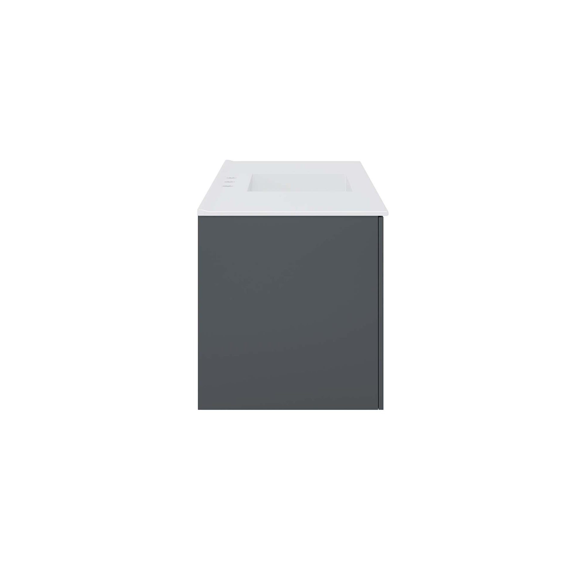 Gray bathroom vanity base with white countertop and integrated rectangular sink, front view.