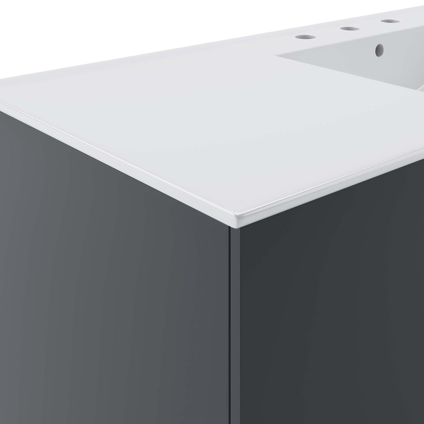 White countertop with predrilled faucet holes atop a white modern bathroom vanity with flat-panel doors.