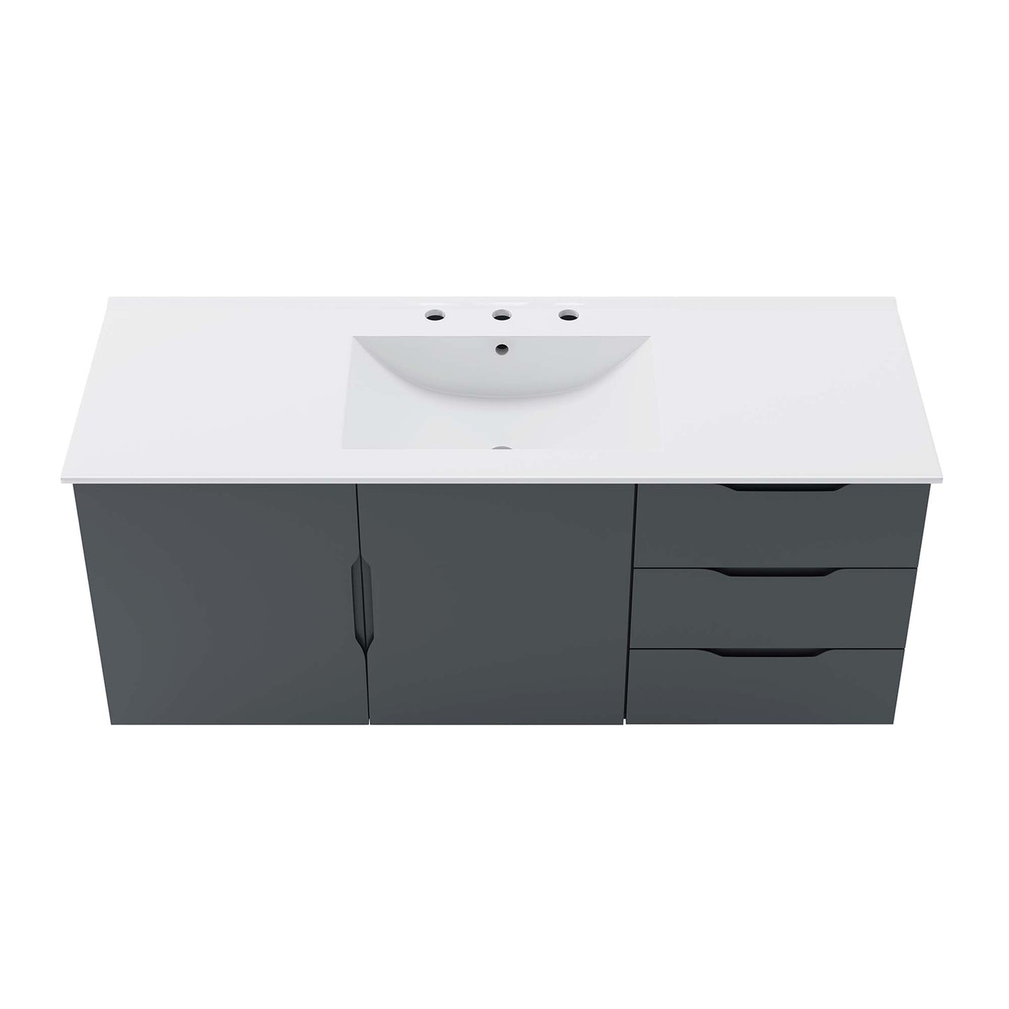 White bathroom vanity with white countertop and integrated sink, two-door cabinet on left and three-drawer unit on right.