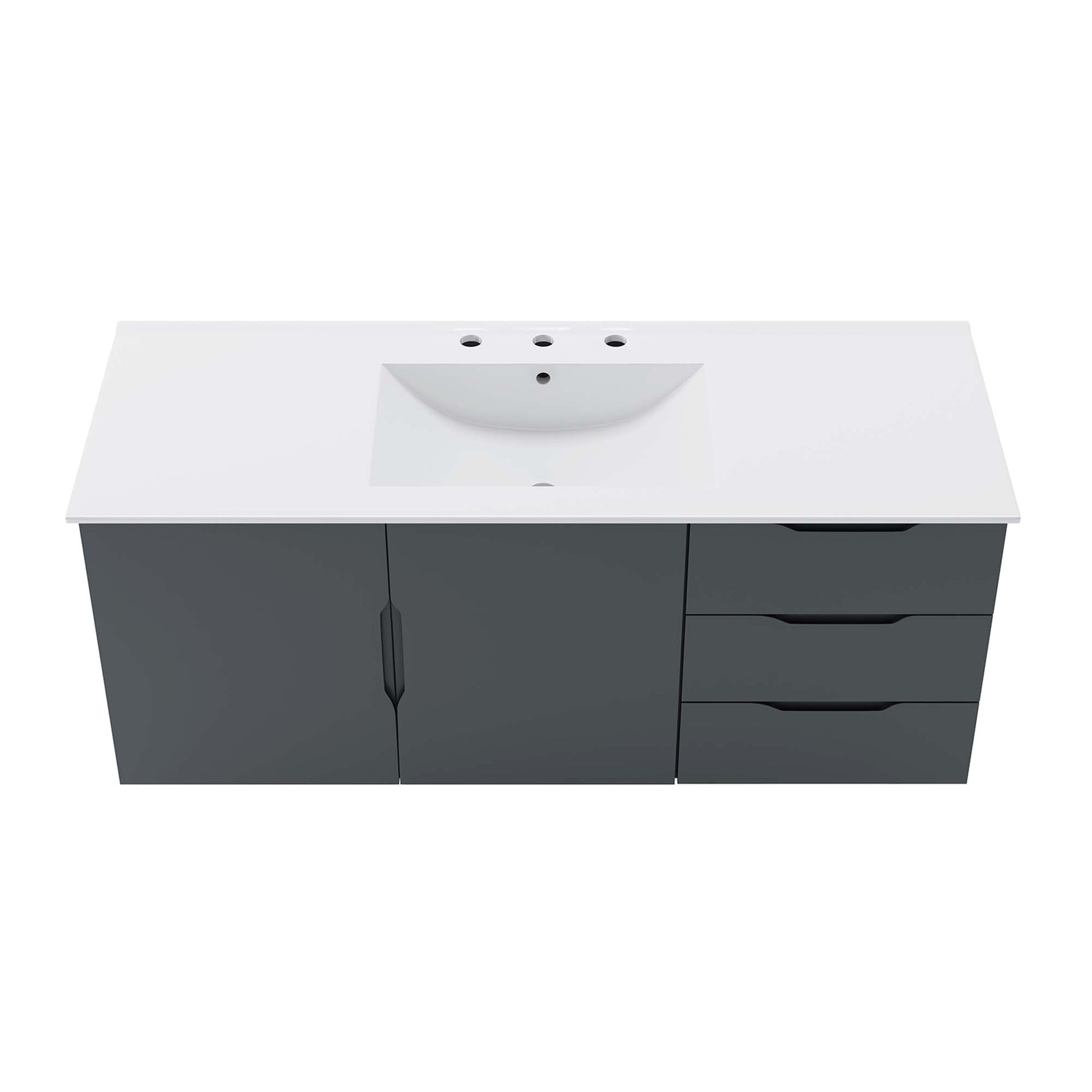 White bathroom vanity with white countertop and integrated sink, two-door cabinet on left and three-drawer unit on right.