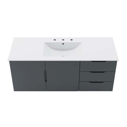 White bathroom vanity with white countertop and integrated sink, two-door cabinet on left and three-drawer unit on right.