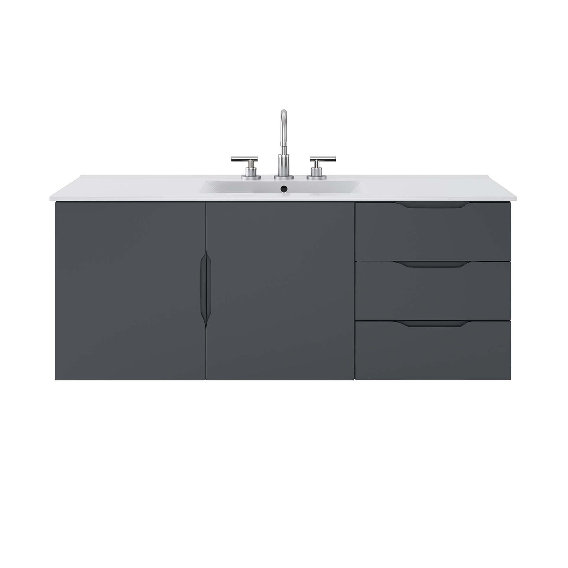 White bathroom vanity with white countertop & sink; left single-door cabinet, right two-drawer unit, chrome faucet.