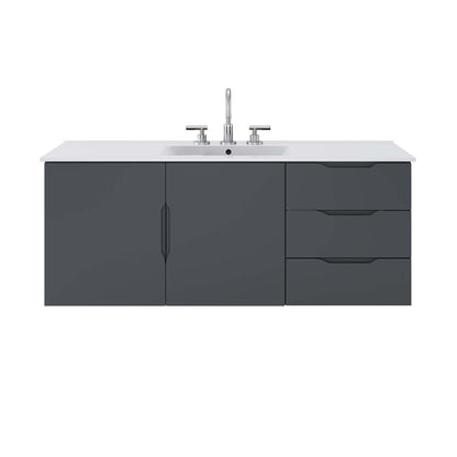 White bathroom vanity with white countertop & sink; left single-door cabinet, right two-drawer unit, chrome faucet.