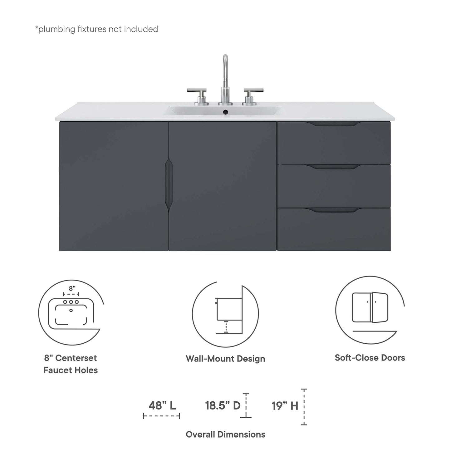 Gray bathroom vanity with white countertop, left double doors and right three drawers, wall-mount design with chrome faucet.