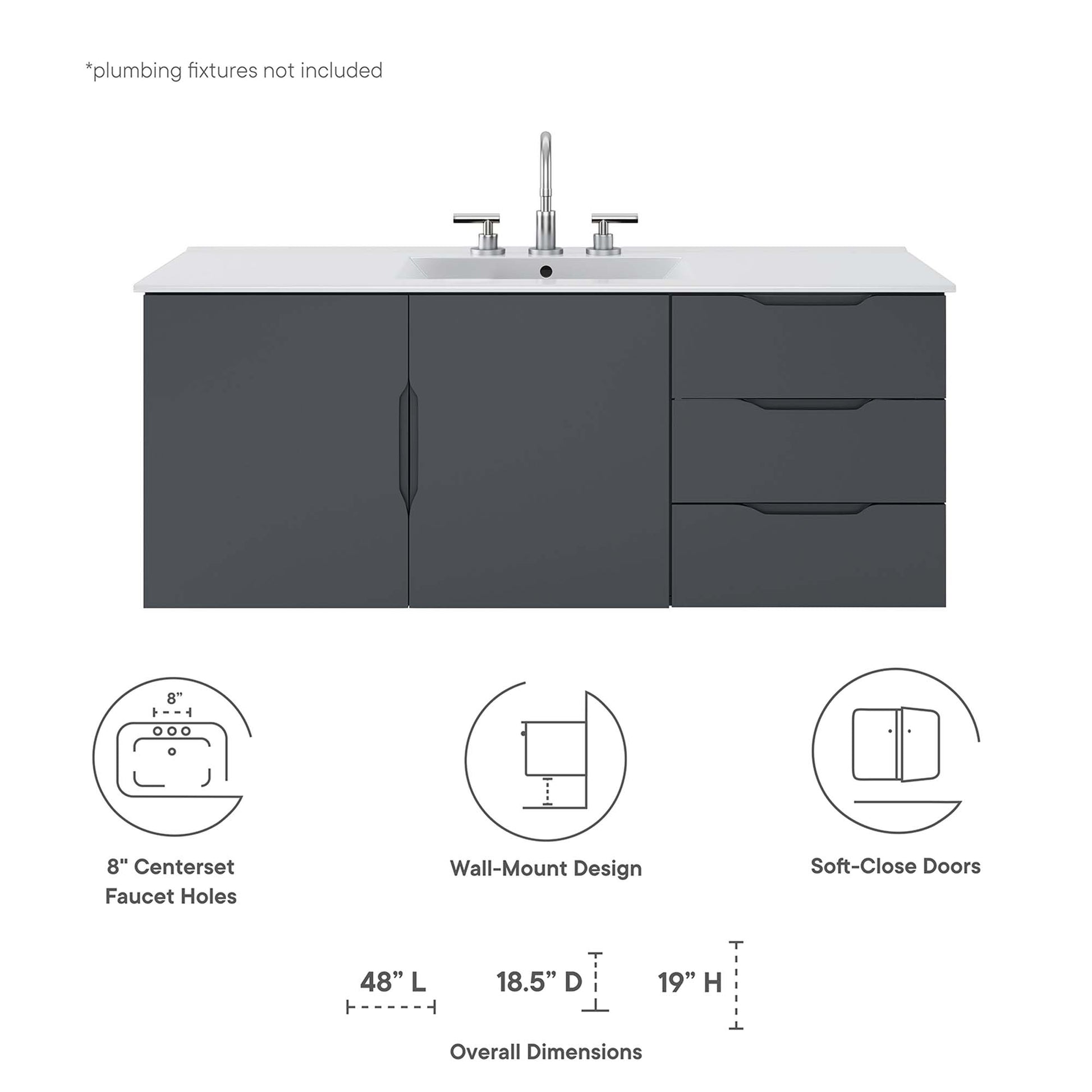 Gray bathroom vanity with white countertop, left double doors and right three drawers, wall-mount design with chrome faucet.