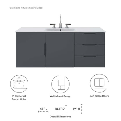 Gray bathroom vanity with white countertop, left double doors and right three drawers, wall-mount design with chrome faucet.